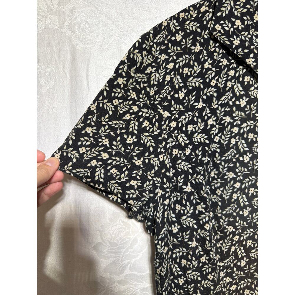 Vintage Midi Shirt Dress 12 Black Cream Floral Short Sleeve Collared Tie - Picture 3 of 7